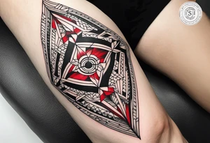 semi Detailed traditional knee tattoo flat on paper. The tattoo features geometric patterns and bold lines, creating a visually striking design with slight tints of deep red. tattoo idea