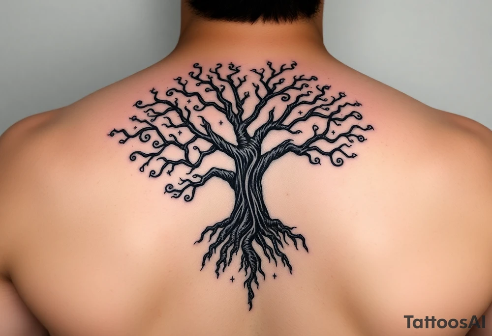 mystical tree of life with cosmic roots and celestial branches tattoo idea