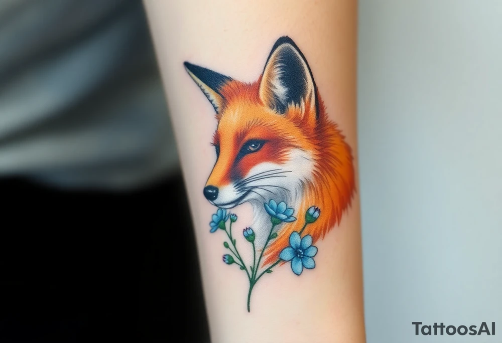 adult fox with blue jewelry smelling wild flowers tattoo idea