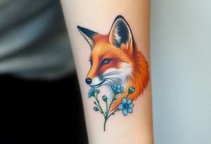 adult fox with blue jewelry smelling wild flowers tattoo idea