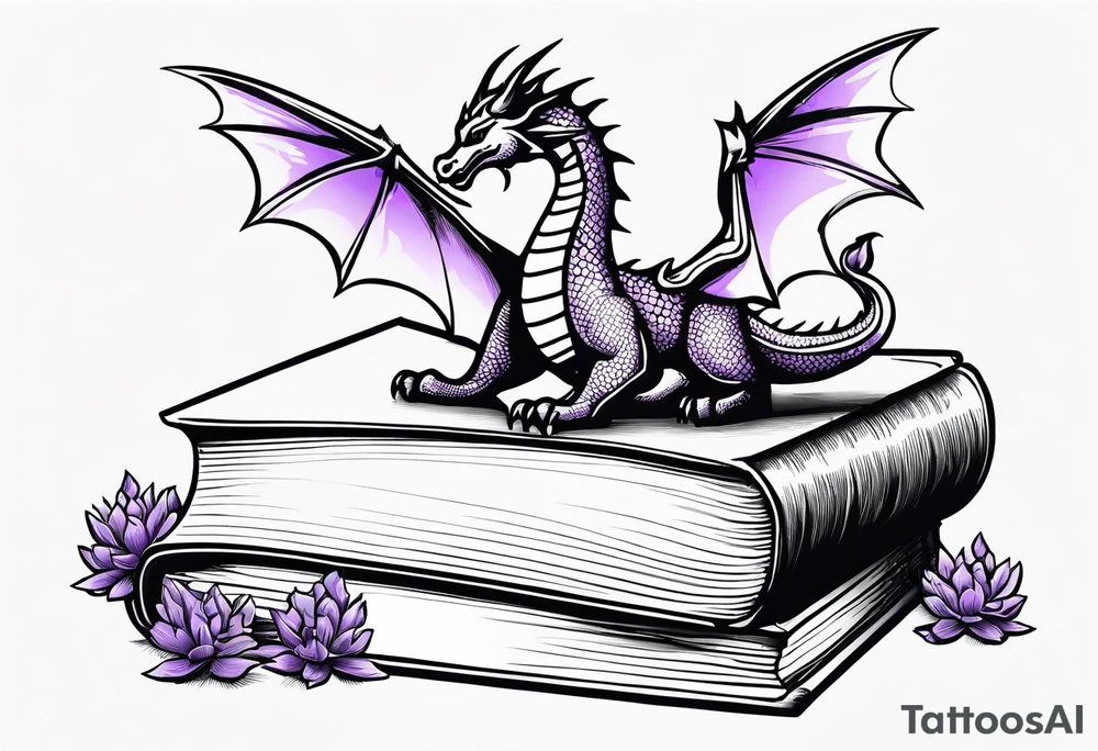 an open book. a small flying dragon. One pawn chess piece. a cluster of lavender flowers under book tattoo idea