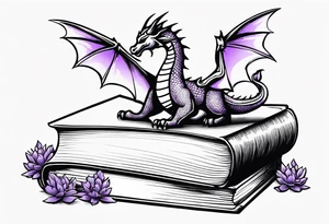 an open book. a small flying dragon. One pawn chess piece. a cluster of lavender flowers under book tattoo idea