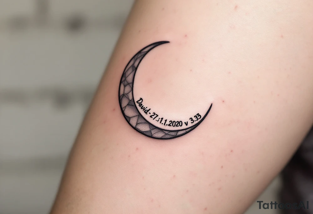 Crescent moon with "David – 27.11.2020 v 3:33" nestled in its curve, done in silver-gray and black. tattoo idea