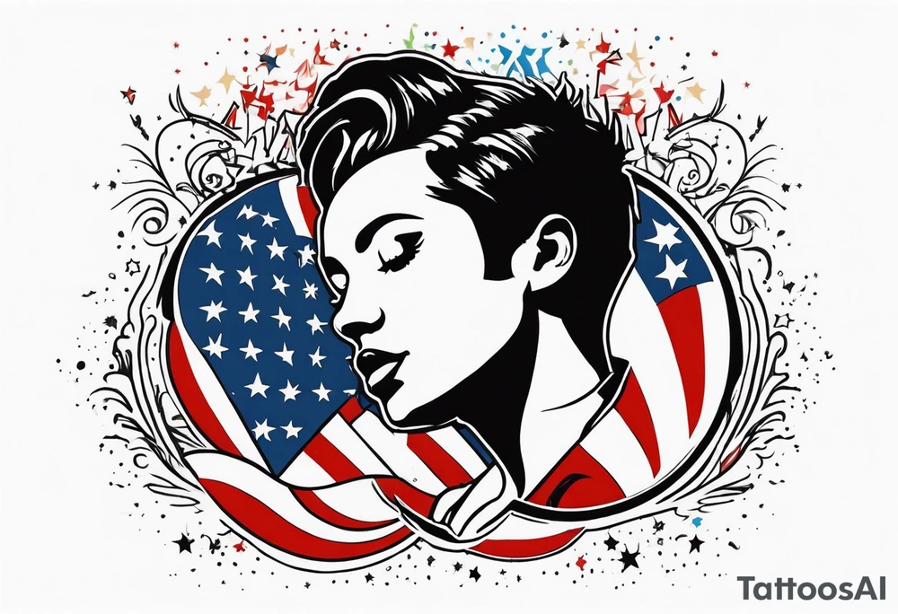 American flash style design of Uk singer songwriter Sam scherdel, needs to have dear in background, fireworks and a moon. tattoo idea