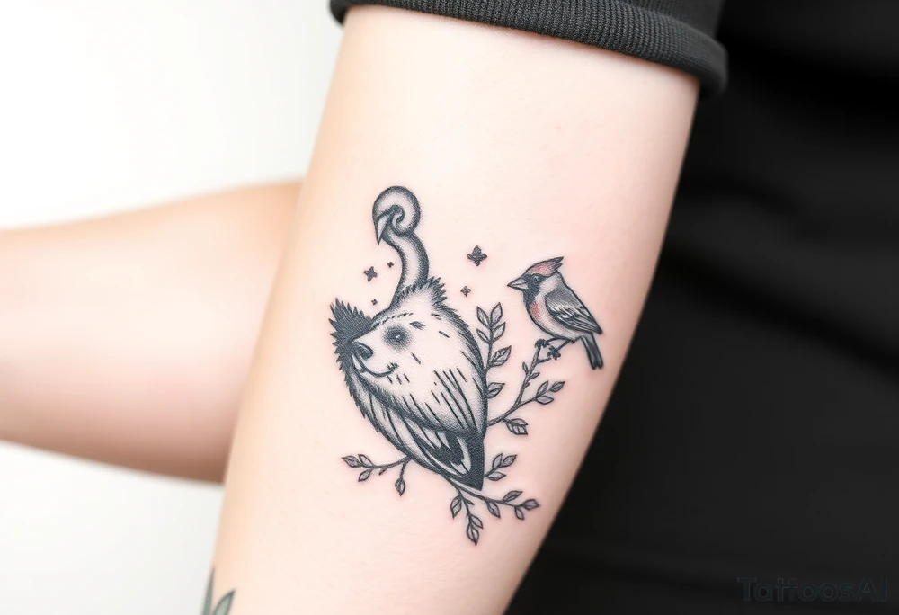 Realistic Woodland with a bear, woodpecker and cardinal tattoo idea