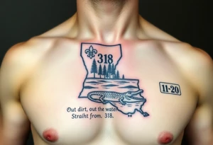 Louisiana state outline with fleur-de-lis, a bayou with a gator and trees , the 318 area code and and quote that says  Out the dirt, out the water, straight from 318 , a sign that says I- 20 tattoo idea