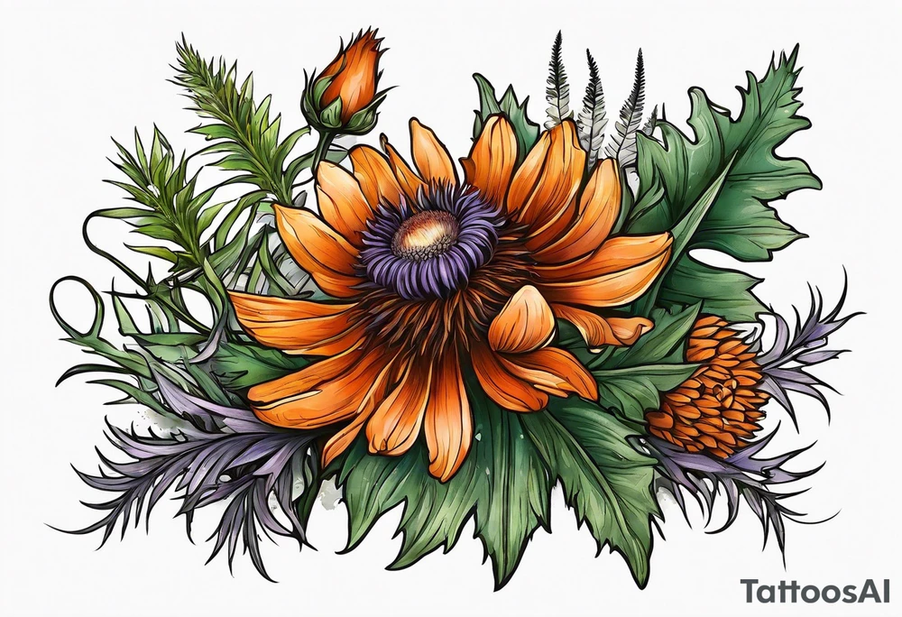 wildflower horizontal with thistles, ferns, burnt orange flowers in color tattoo idea