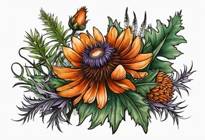 wildflower horizontal with thistles, ferns, burnt orange flowers in color tattoo idea