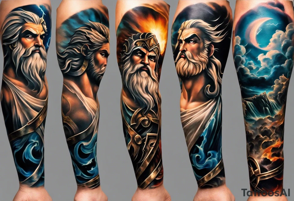 Full left arm tattoo sleeve with the Greek gods, Zeus, Poseidon and Hades. Zeus' face with a lightning bolt coming out of one eye is at the left shoulder, Poseidon's  face with a trident as one of his eyes is at the left upper arm and Hades' face with 
a bident as one of his eyes is at the left forearm. tattoo idea