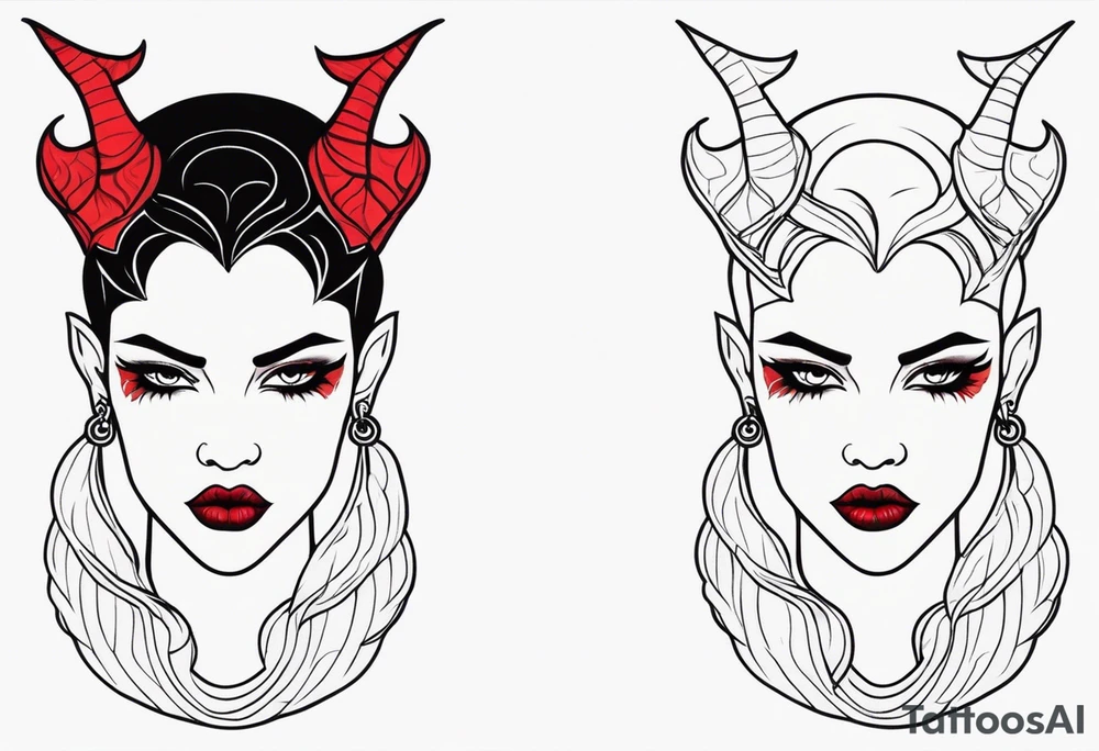 Half devil half woman with blank eyes tattoo idea