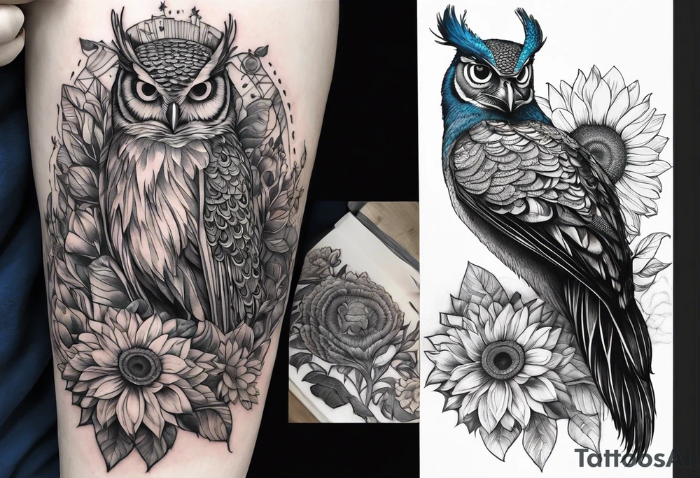 peacock, owl, book, camera , sunflower tattoo idea