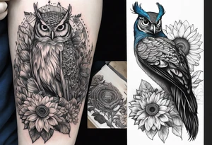 peacock, owl, book, camera , sunflower tattoo idea