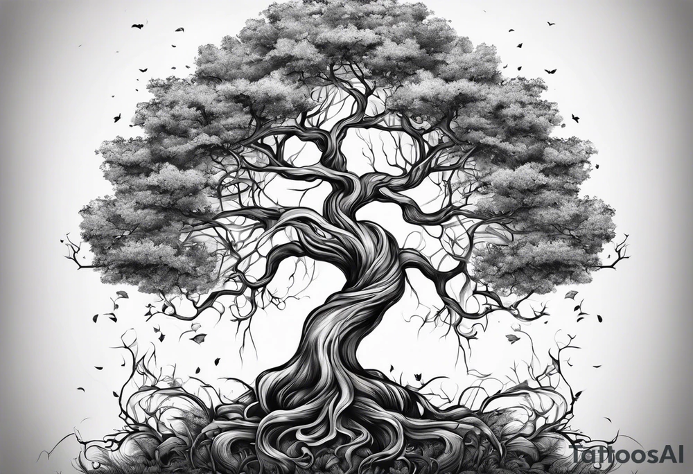 tree with the roots of the tree wrapped around a hour glass tattoo idea