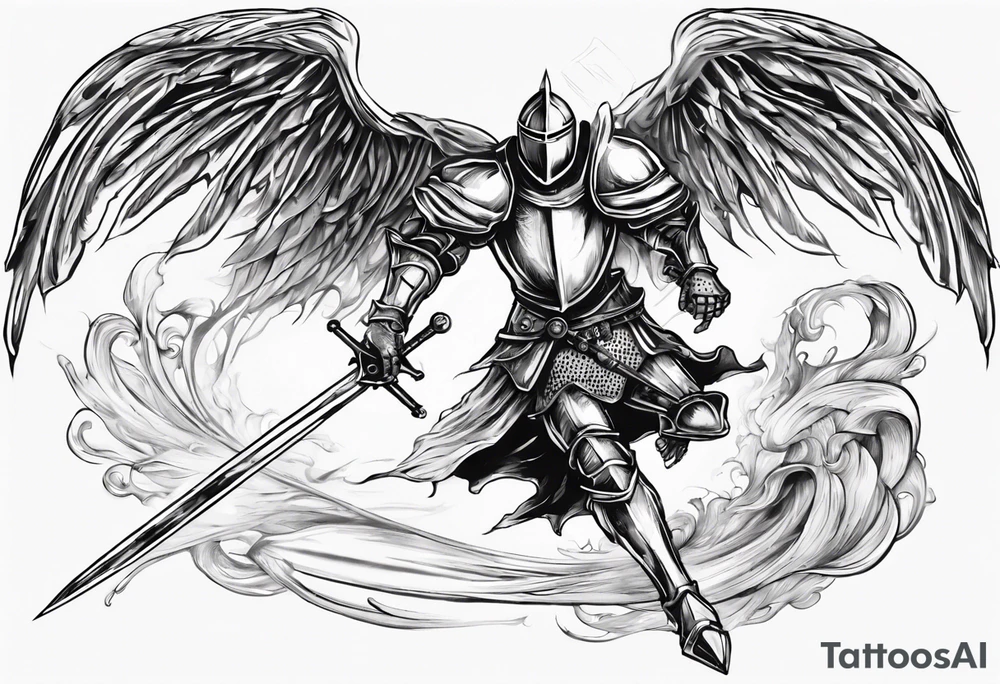 A Winged Paladin Knight in mid-air with his sword about to attack. tattoo idea