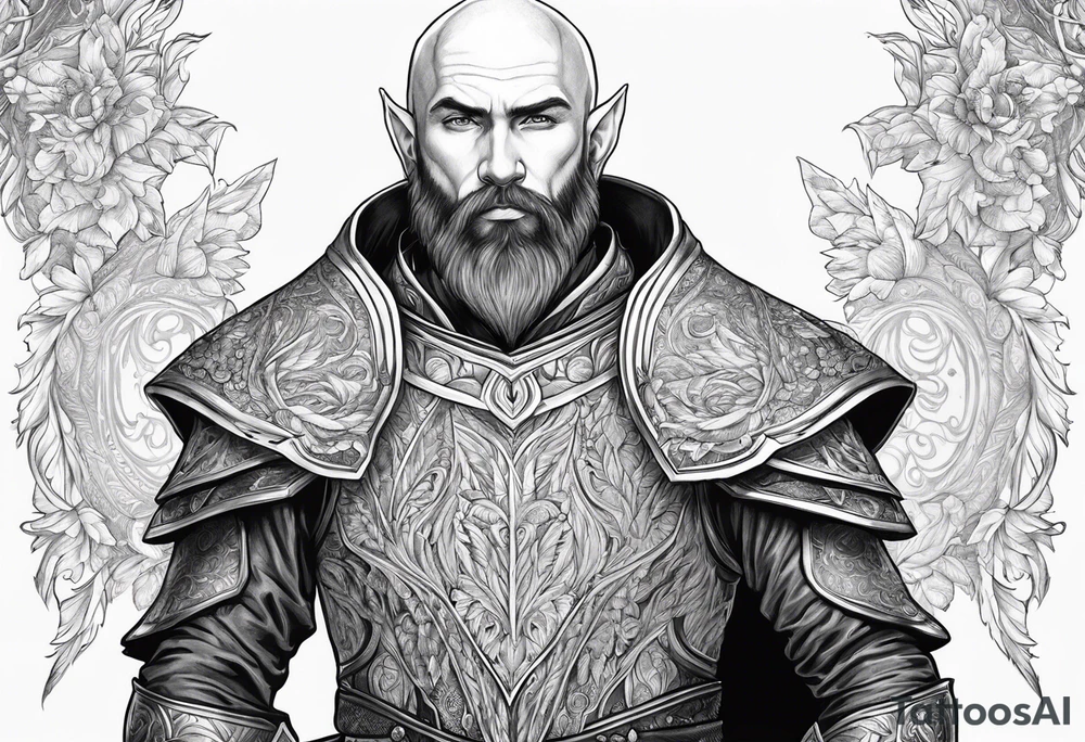 human-elf, bearded bald male, paladin, full-body tattoo idea
