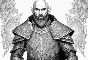 human-elf, bearded bald male, paladin, full-body tattoo idea