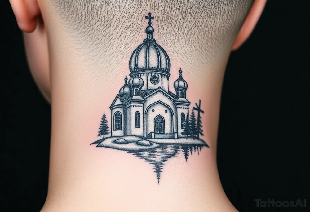 medium sized russian orthodox dome church with a separated virgin mary with a lake and pine trees tattoo idea