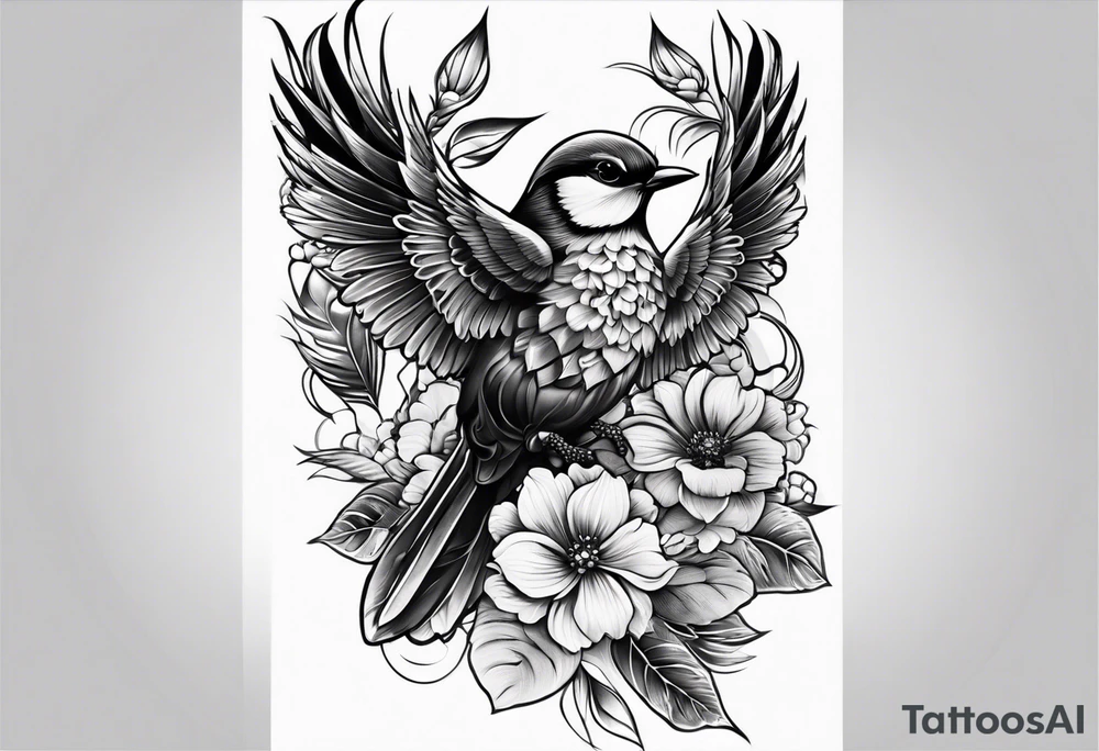 traditional style
leg sleeve with a bird and flowers tattoo idea