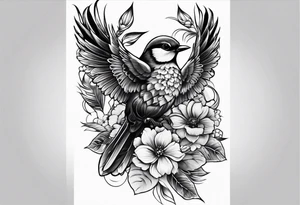 traditional style
leg sleeve with a bird and flowers tattoo idea