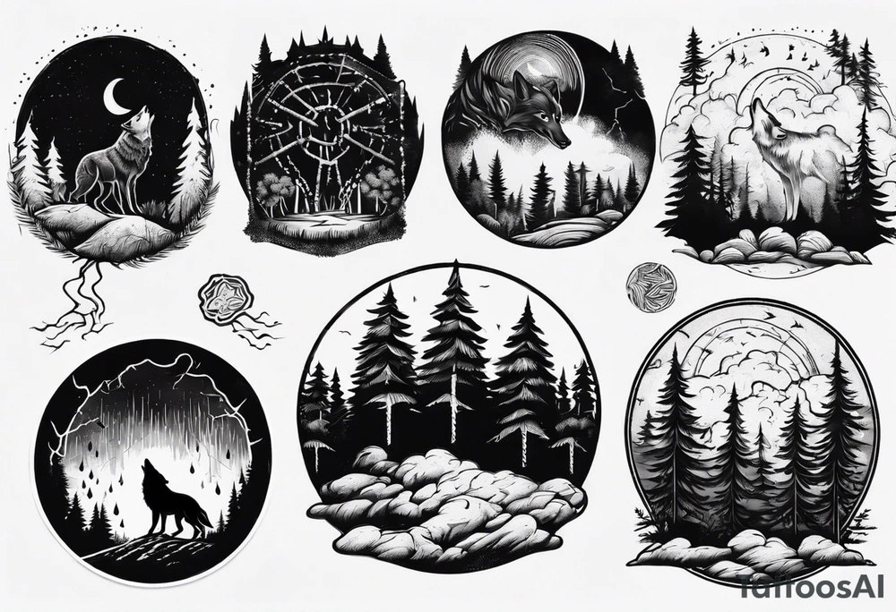 a thunder and lightning storm over a forest with a distant wolf howling and a drum circle tattoo idea a thunder and lightning storm over a forest with a distant wolf howling and a drum circle tattoo idea