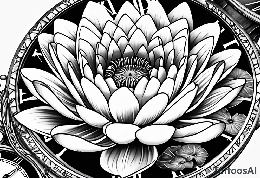 Waterlily above a clock tattoo idea