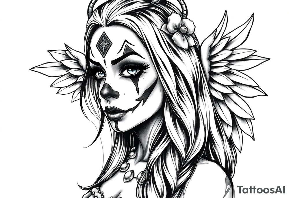 Chicana beautiful long hair clown makeup angel wings tattoo idea