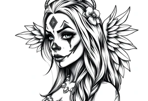 Chicana beautiful long hair clown makeup angel wings tattoo idea
