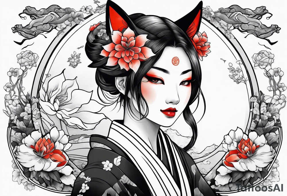kitsune woman whit flowers tattoo idea
