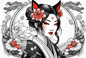 kitsune woman whit flowers tattoo idea