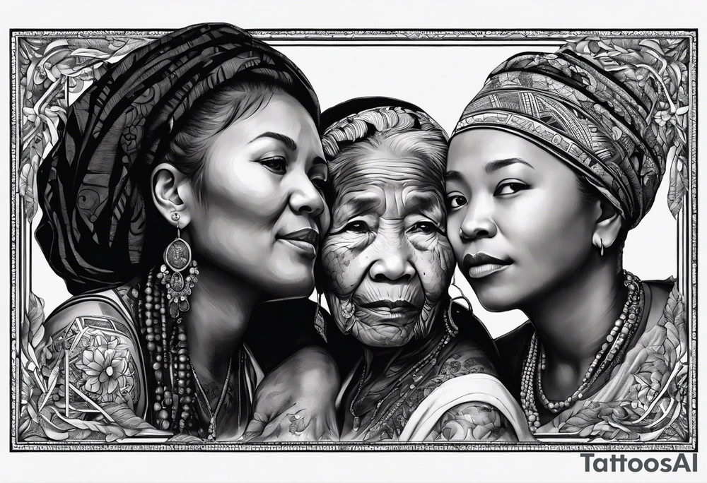 three people leaning against each other. on the left a really very young african daughter, in the middle a german mother, on the right a really very old asian grandmother. big difference in age, in an artfully decorated frame tattoo idea