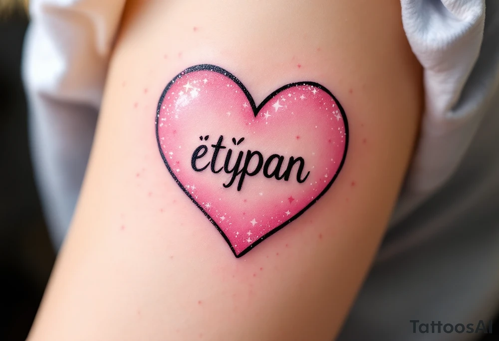 A candy pink heart with sparkles and the name Štěpán inside in rounded print. tattoo idea