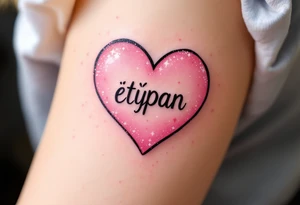 A candy pink heart with sparkles and the name Štěpán inside in rounded print. tattoo idea