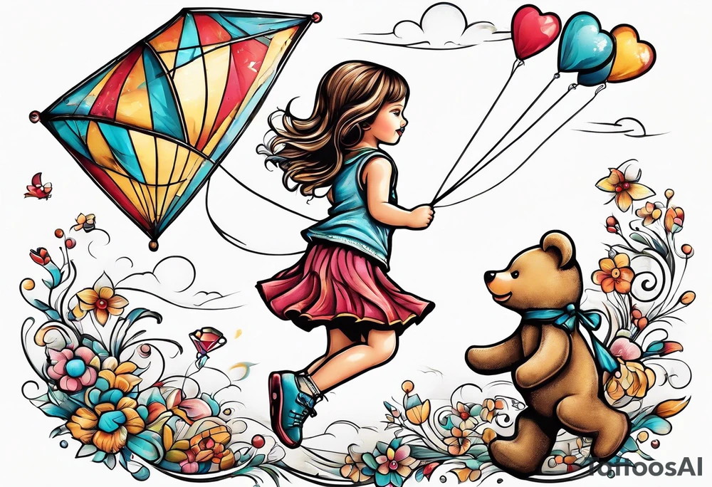 a little girl running away holding a kite with a roller skating teddy bear behind her tattoo idea
