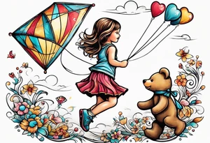 a little girl running away holding a kite with a roller skating teddy bear behind her tattoo idea
