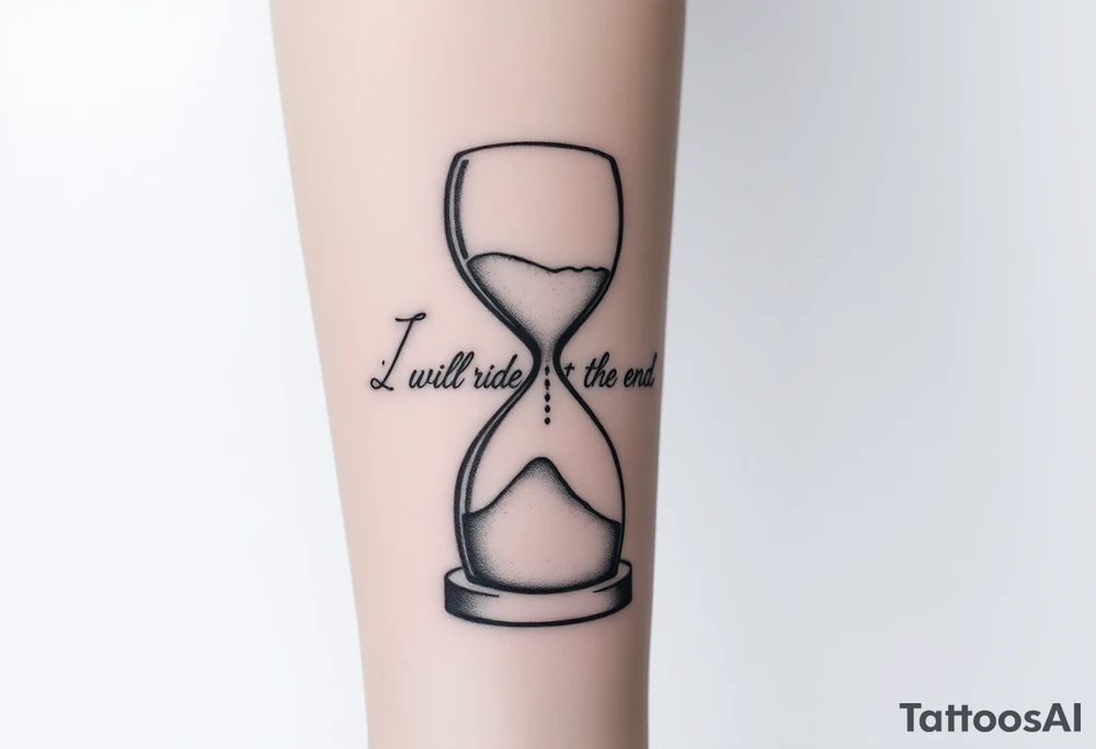Broken hourglass was the sand transforming the hearts with the phrase.I will ride to the end tattoo idea