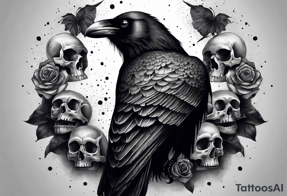 Full sleeve with a big raven standing on top of skulls , very dark tattoo idea