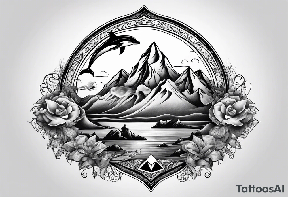 Mountains and dolphin in 
ocean 
crashing diamond shape tattoo idea