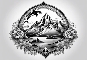 Mountains and dolphin in 
ocean 
crashing diamond shape tattoo idea