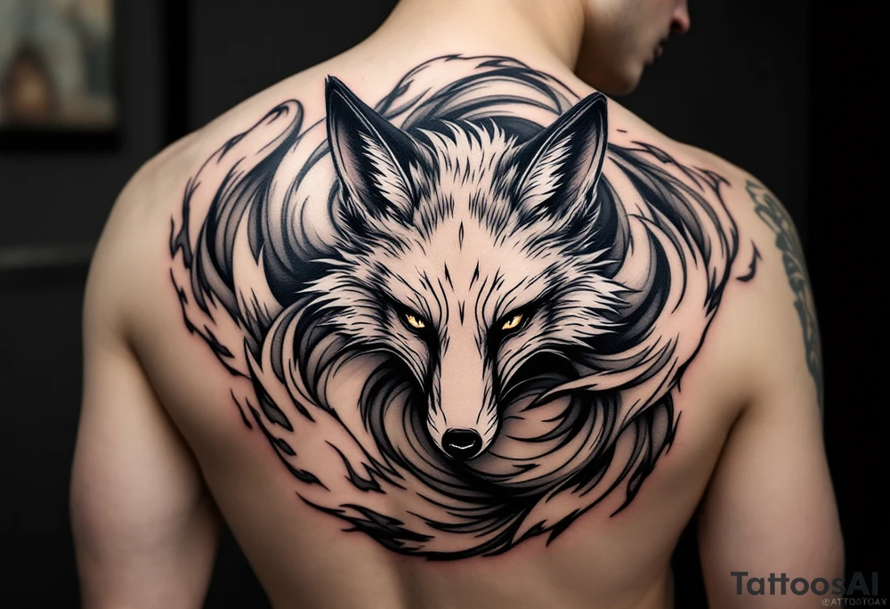 feminine fox of nine tails, the tails are flowy and end looking like flames. The tails wrap around the shoulder body curves and head ending below the armpit tattoo idea