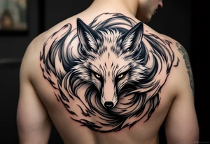 feminine fox of nine tails, the tails are flowy and end looking like flames. The tails wrap around the shoulder body curves and head ending below the armpit tattoo idea