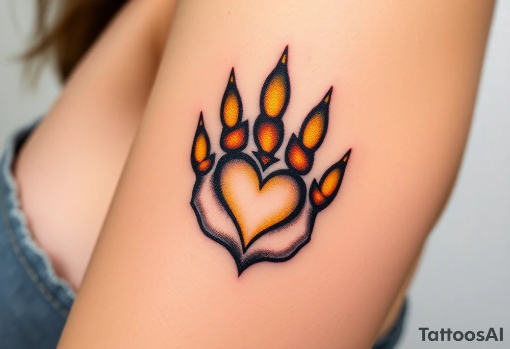A lion paw imprint with golden highlights, the heart shape subtly emerging through tattoo idea