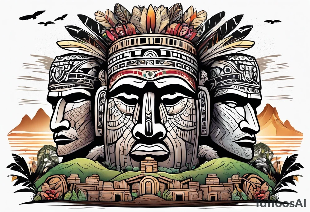 Easter island heads on an island landscape and hawk circling above tattoo idea