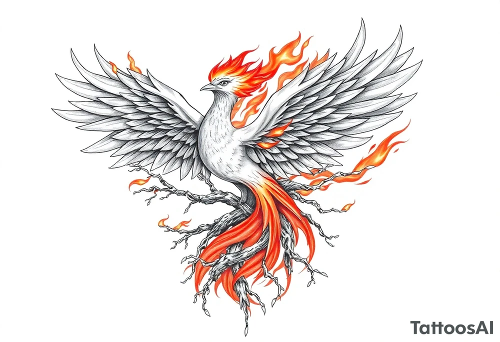 Powerful Phoenix feminine energy flames from within taking flight from tree of life tattoo idea