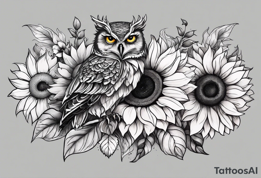 Arm sleeve with colorful sunflowers and an owl tattoo idea