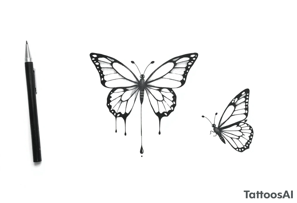 Bleeding butterfly and a second one who is in mental horror style and his placement is right and down from the first one tattoo idea