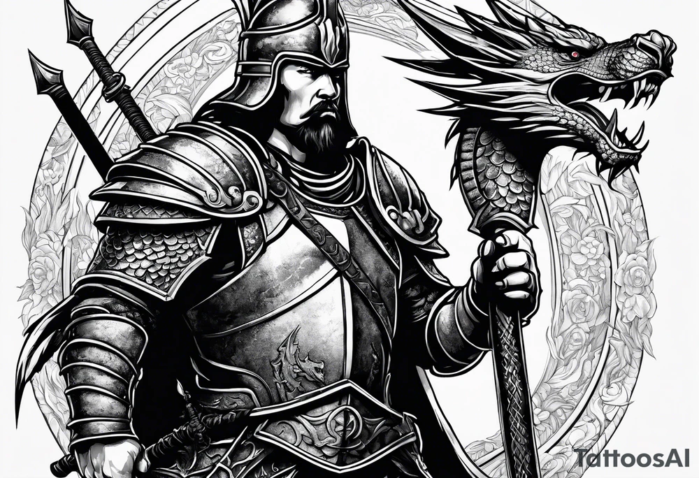 Helmeted Northern Warrior standing with sword held straight up and down and killing a dragon tattoo idea