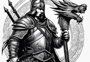 Helmeted Northern Warrior standing with sword held straight up and down and killing a dragon tattoo idea