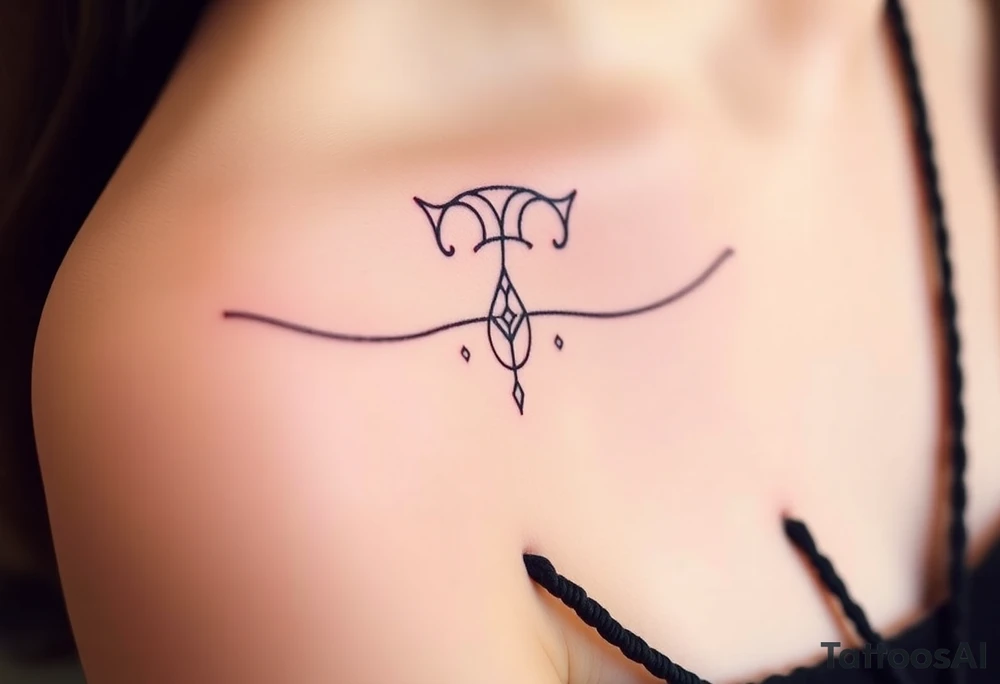 Tatuagem delicada e com o símbolo de Sagitário*, perfeita para a clavícula feminina:


- Uma *linha fina curva* que acompanha suavemente o contorno da clavícula.  
- No centro, um pequeno *arco e flecha estilizado*, símbolo de Sagitário, com traços minimalistas.  
- Atrás da flecha, um leve *traço de energia ou faísca*, como se estivesse sendo disparada — sensual e dinâmica.  
- Pequenas *estrelas delicadas* ou pontos brilhantes espalhados ao longo da linha, dando um toque celestial e feminino.  
- A flecha aponta em direção ao ombro, representando movimento, liberdade e poder pessoal.

*Extras (opcional):*  
- Pode incluir discretamente a palavra "liberdade" ou "feu" (fogo, em francês) em letra cursiva abaixo da linha.  
- Feita em tinta preta tattoo idea