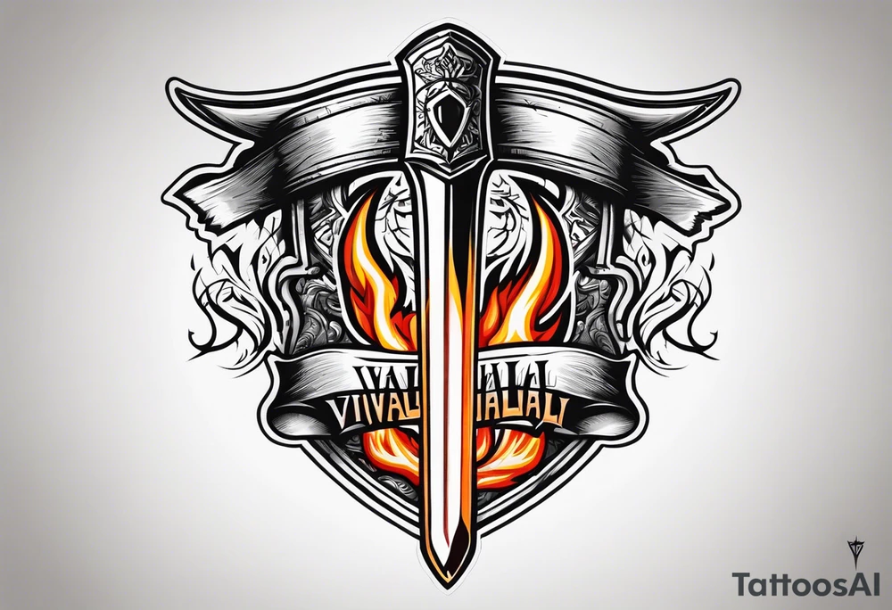valhalla on fire sword shield axe tattoo idea