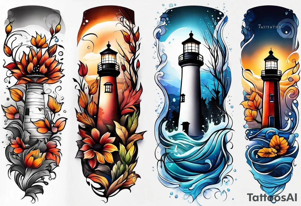 Arm sleeve with fall colors, various flowers, water flow, water splash, light house tattoo idea